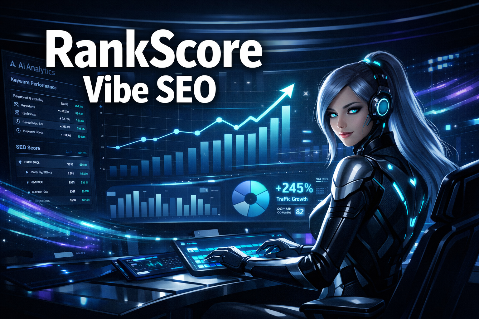 RankScore Vibe SEO Review 2026 Image with bold text overlay: 'RankScore Vibe SEO' in extra large 72pt white bold sans-serif font with dark drop shadow, centered upper-third composition. Background shows a sleek dark-mode AI dashboard interface with glowing teal and purple data streams, keyword graphs trending upward, and a stylized female AI avatar named Artemis at a futuristic workstation. Color palette: deep navy, electric teal, white accents. Magazine cover aesthetic, editorial quality, high contrast, cinematic lighting. RankScore Vibe SEO