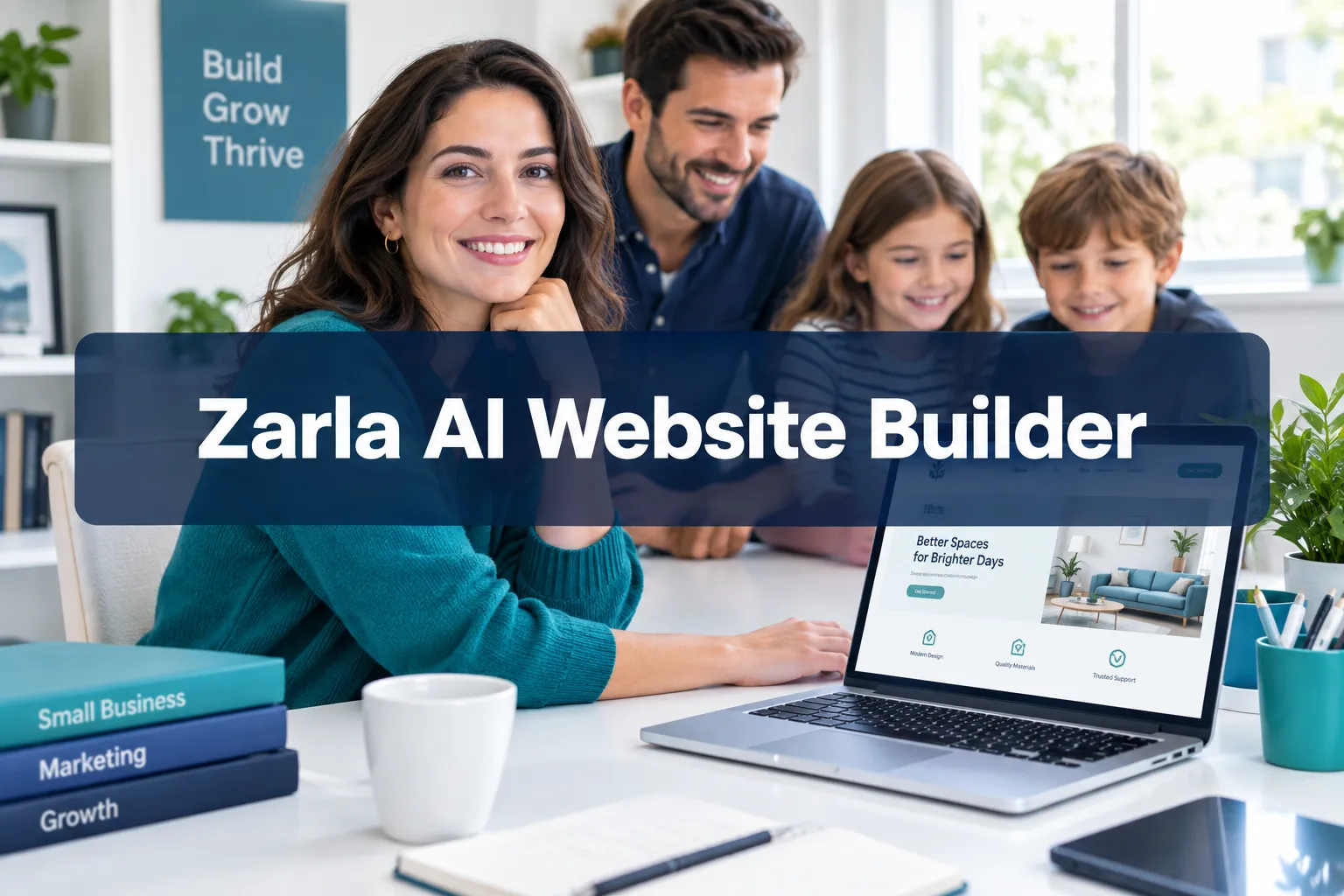 Professional landscape format (1536x1024) hero image with bold text overlay 'Zarla AI Website Builder' in crisp white sans-serif on a semi-transparent dark navy overlay panel, centered with 8% safe margins from every edge. Background: bright editorial shot of a modern small business owner at a clean white desk, laptop open showing a polished website interface, soft natural window light, teal and navy accent colors, magazine cover aesthetic, editorial quality, no price tables, no dollar amounts. Zarla AI Website Builder Review 2026